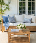 Outdoor Lumbar Pillow Set Of 2 20x12 Inches With Waterproof Inserts In Royal Blue on a patio sofa with wicker frame.