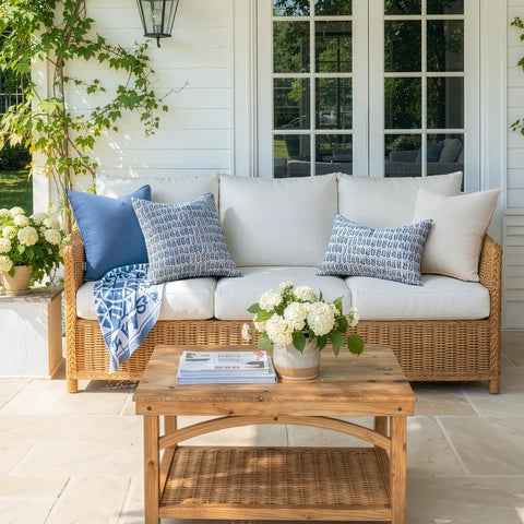 Outdoor Lumbar Pillow Set Of 2 20x12 Inches With Waterproof Inserts In Royal Blue on a patio sofa with wicker frame.