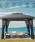 13x13 Pop Up Gazebo Tent With Mosquito Netting For Outdoor Lawn And Backyard Use, Includes 4 Sandbags, 8 Stakes, Gray