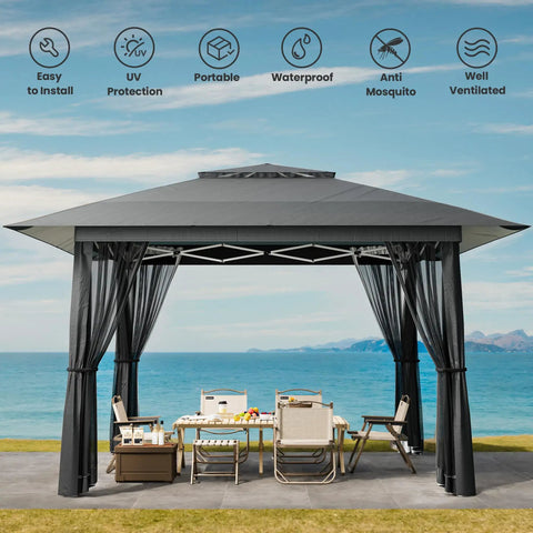 13x13 Pop Up Gazebo Tent With Mosquito Netting For Outdoor Lawn And Backyard Use, Includes 4 Sandbags, 8 Stakes, Gray