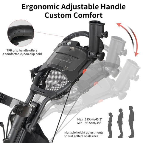 Lightweight Three Wheel Golf Push Cart With No Sweat Fold Design shows ergonomic adjustable handle for comfort and height settings.