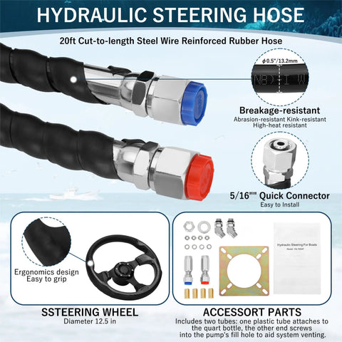 Hydraulic Outboard Steering Kit With Wheel Cylinder Helm Pump 20 Ft Hoses And Installation Parts For Single Engine Boats Up To 150HP Plug And Play Ready To Install And Complete With All Hardware