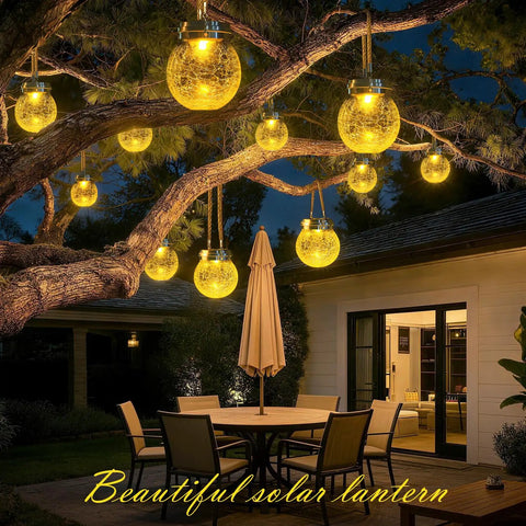Outdoor Solar Lanterns 2 Pack IP65 Waterproof Hanging Lights With Warm Amber and RGB Glow Crackle Glass Ball Globes for Patio, Garden