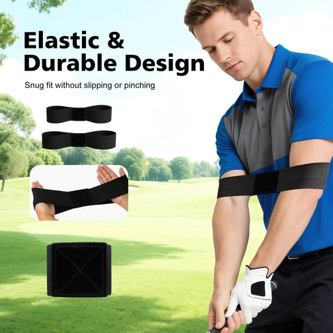 Golfer using Two Pack Golf Swing Training Aid Arm Bands for Muscle Memory and Body Connection, achieving smooth swing on course.