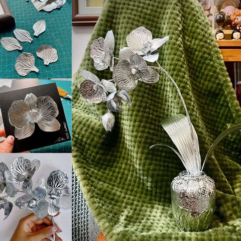 Silver flowers crafted from Gold Tin Foil Craft Kit with 15 dual-sided aluminum foil sheets on display