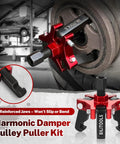 Harmonic Balancer Puller Set for Crankshaft Dampers 3 Jaw Pulley Removal Tool in use on engine component in garage