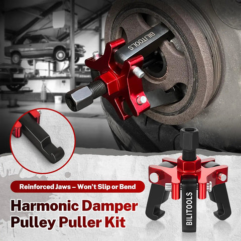 Harmonic Balancer Puller Set for Crankshaft Dampers 3 Jaw Pulley Removal Tool in use on engine component in garage