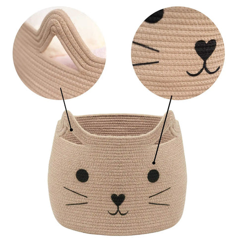 Large Cotton Rope Storage Basket With Cozy Cat Face Design For Towels, Blankets, Toys, And Clothes, 15x14 inches, close-up details