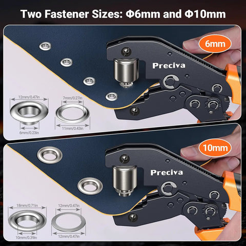 Grommet Tool Kit With Interchangeable Double Head For Three Eighths And One Quarter Inch Grommets Handheld Kit With 280 Eyelets And Grommets For Tarps Leather Fabric Projects showing two fastener sizes 6mm and 10mm on tool