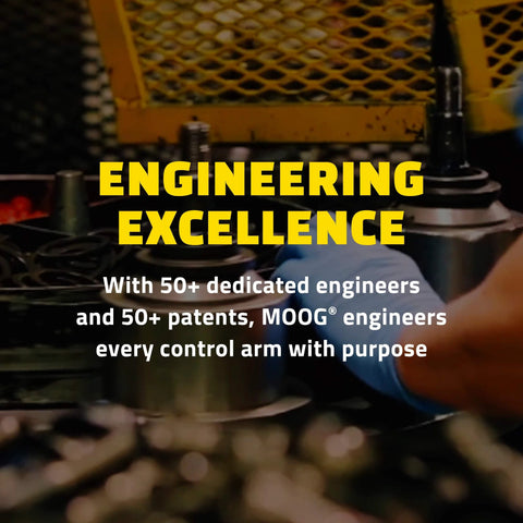 Industrial setting with yellow grid and mechanical parts, text overlay about engineering excellence and patented design.