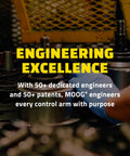 Close-up of control arm manufacturing with text 'Engineering Excellence' in yellow highlighting Moog engineering focus.