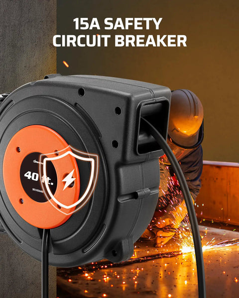 Retractable Extension Cord Reel With 40 Ft Heavy Duty 12 AWG SJTOW Cord, featuring circuit breaker and safety shield icon.