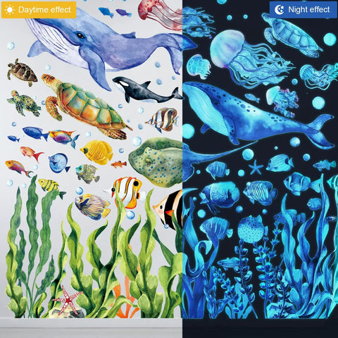 Glow In The Dark Under The Sea Wall Decals Set With Five Sheets Including Turtle, Jellyfish, Seaweed And Ocean World Theme For Bathroom