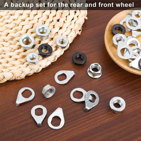 Bike Axle Nuts And Safety Washers Kit For M8 M9.5 M10 Three Sizes Black And Silver Finish on wood table