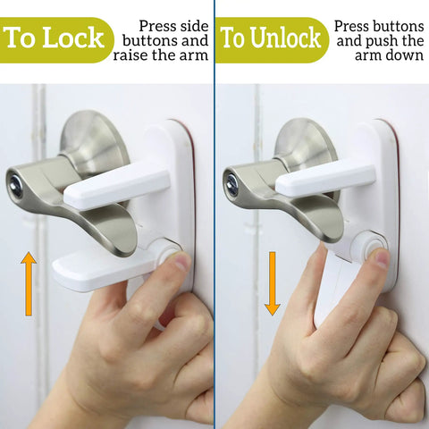 One Hand Use Door Lever Lock For Toddlers 1 Pack Easy Install No Tools Needed Durable ABS With 3M Adhesive Backing in use