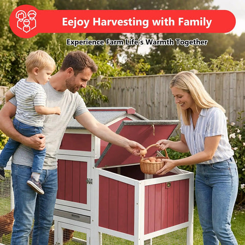 Family using Mobile Wooden Chicken Coop With Nesting Box, Spacious Hen House For Two To Four Chickens, Wheels And Side Handle
