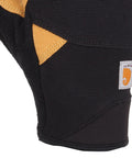 Close-up of black and tan padded palm fingerless work glove with breathable spandex and synthetic leather for superior dexterity.