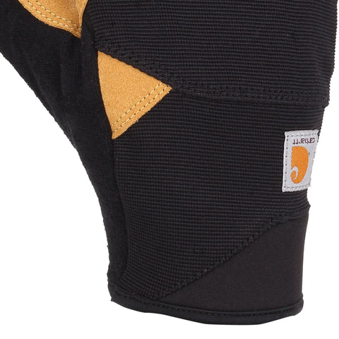 Close-up of black and tan padded palm fingerless work glove with breathable spandex and synthetic leather for superior dexterity.