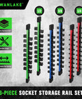 Six Piece Socket Organizer Rail Set With 360 Degree Swivel Clips Holds 108 Sockets Across Quarter Inch Drives