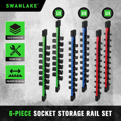 Six Piece Socket Organizer Rail Set With 360 Degree Swivel Clips Holds 108 Sockets Across Quarter Inch Drives