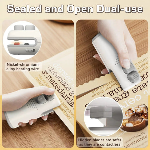 Three In One Bag Sealer With Cutter And Bottle Opener Portable USB Rechargeable Resealer in use sealing bag