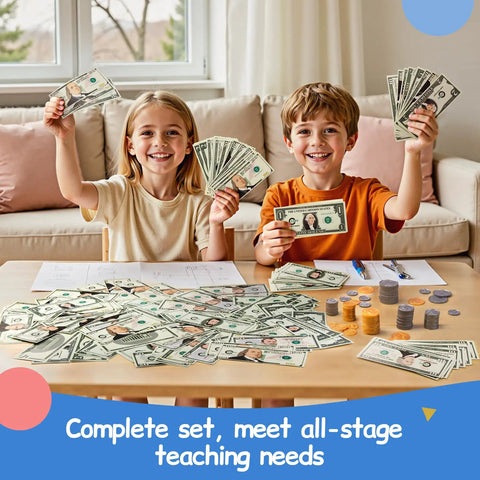 Kids play with Kid Friendly Realistic Play Money Set With Bills And Coins, Hands On Math Manipulatives For Learning Addition Subtraction And Making Change, Pretend Cash For Homeschool Or Classroom, Ideal For Ages 3 Plus.