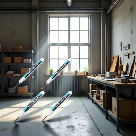 Heavy Hitter White Oil Based Permanent Markers Pro Grade Industrial Pens For Metal Glass And Hard Surfaces Fast Dry Paint Marker Set With Fine Tips in a workshop setting.