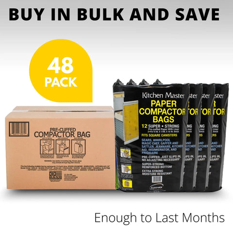 48-pack Kitchen Master compactor bags with box, ideal for large supplies. Precuffed 12 Pack Kitchen Compactor Bags Tough As Nails For Garbage Kitchen Liner And Trash Bin Press Durable USA Made Kitchen Essential You Can Count On.