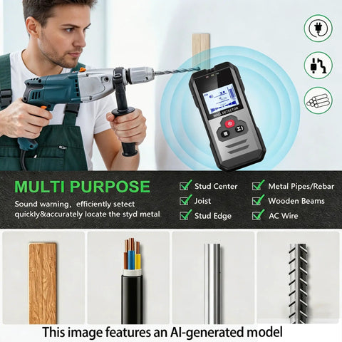 Wall Scanner Stud Finder with Deep Scan 4 Depth Modes-Electronic Stud Detector for Wood,Metal,AC Wires,Pipes,Rebar with LCD Display-Black in use with drill