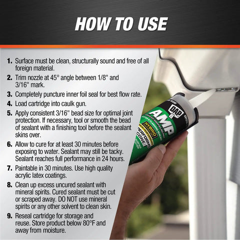 Person applying gutter and flashing sealant in clear 9 oz tube to roof joint using caulk gun.
