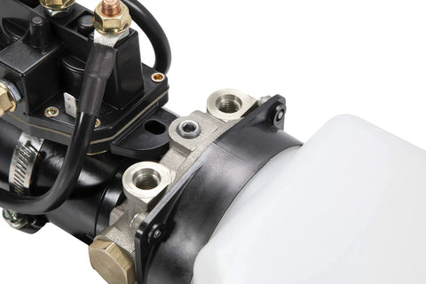 Close-up of All In One Hydraulic Power Unit Replacement Kit with 2 Quart Pump Reservoir and Trombetta Solenoid for Trailer Lifts