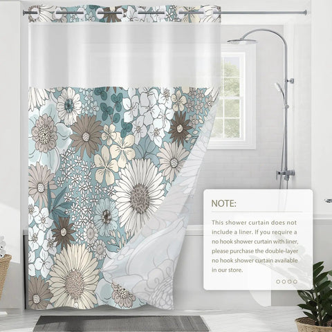No Hook Shower Curtain With See Through Mesh Light Blue Boho Flower Floral Fabric Bath Curtain Single Layer Easy Install 71 By 74 Inches Breathable See Through Mesh Lets Light In And Keeps Water Contained installed in bathroom