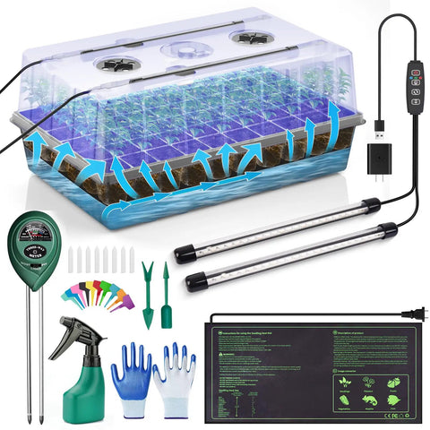 60 Cell Self Watering Seed Starter Tray With Grow Light And Heat Mat, All In One Seed Starter Kit For Indoor Garden, accessories shown