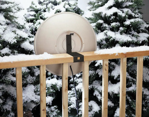 Dang Solid Heated Bird Bath Locks Tight To Deck Railings Frost Proof Stone Basin 150w Heater Tip Hinge Drain Easy Cleanup Top Shelf Backyard Bird Bathing Station mounted on snowy deck rail.
