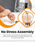 Soap Dispenser Conversion Kit With Kitchen Sink Extension Tube Lets You Pump Direct From The Big Bottle Fits Most Containers Made In USA No More Soap Shortages Easy Install For Home Kitchens And Busy Hands image showing hands washing and tube setup.