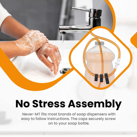 Soap Dispenser Conversion Kit With Kitchen Sink Extension Tube Lets You Pump Direct From The Big Bottle Fits Most Containers Made In USA No More Soap Shortages Easy Install For Home Kitchens And Busy Hands image showing hands washing and tube setup.