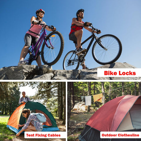 Two cyclists with bikes on rocks, tent set up with fixing cables, and clothes hanging on a line. Heavy Duty One Eighth Inch Stainless Steel Security Cable With Double Loop Great For Luggage Locks And Bike Locks Flexible Steel Wire Rope For Travel Gear In Four Six Ten Or Fifteen Foot Lengths Two Pack.