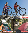 Cyclists on rocks; tent setup in forest; clothesline in woods with 3Mm Stainless Steel Security Cable For Luggage And Bike Locks