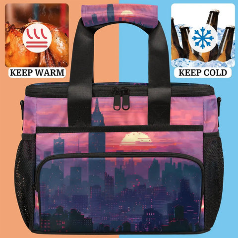 Insulated Picnic Backpack Lunch Bag For Women And Men Large Capacity Portable Cooler Tote with skyline design and dual temperature icons