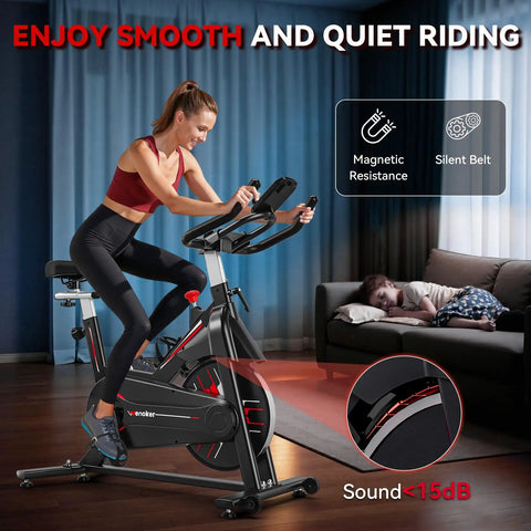 Woman riding Magnetic Resistance Stationary Bike For Home Use With App Sync Indoor Cycling Bike Supports 350 Lbs Weight Capacity Tablet Holder And Fitness Courses For Weight Loss Black Red.