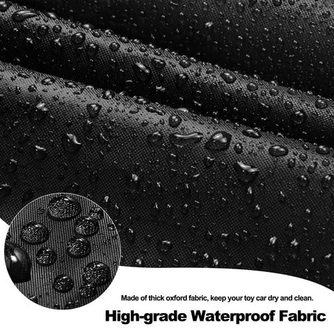 Close-up of black oxford fabric with water droplets for Cozy Coupe Ride On Car Cover For Toddlers Kid Friendly Outdoor Weatherproof Protection.