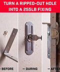 Heavy Duty Drywall Anchor Repair Kit To Slap Over Pulled Out Holes Fast Installs Right Back Into Old Spots For A Dead Solid Lock That Holds 255 Lbs Per Hole In This Badass Four Pack Designed To Make Wall Repair A Breeze For DIYers. Image showing before, during, and after installation of metal drywall anchor.