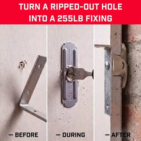 Heavy Duty Drywall Anchor Repair Kit To Slap Over Pulled Out Holes Fast Installs Right Back Into Old Spots For A Dead Solid Lock That Holds 255 Lbs Per Hole In This Badass Four Pack Designed To Make Wall Repair A Breeze For DIYers. Image showing before, during, and after installation of metal drywall anchor.