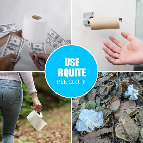 Two Pack Pee Cloths For Women On The Go shown with empty toilet roll and litter, highlighting eco-friendly alternative.