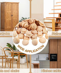 200 Pieces Wood Screw Hole Plugs Three Eighths Inch Mushroom Caps For Furniture Repair And D I Y Projects Natural Wood Button Plugs To Hide Holes Hardwood Wood Caps For Cabinets And Tables No Mess Quick Fix shown next to furniture applications such as wardrobe, staircase, table with chairs, and kitchen cabinets.