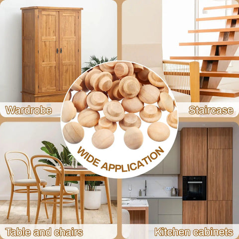 200 Pieces Wood Screw Hole Plugs Three Eighths Inch Mushroom Caps For Furniture Repair And D I Y Projects Natural Wood Button Plugs To Hide Holes Hardwood Wood Caps For Cabinets And Tables No Mess Quick Fix shown next to furniture applications such as wardrobe, staircase, table with chairs, and kitchen cabinets.
