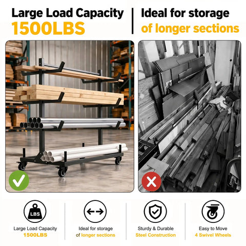 Heavy Duty Mobile Conduit And Lumber Storage Rack Rock Solid Build With Six Swivel Caster Wheels Smooth Sailing Alloy Steel Pipe Organizer For Daily Grind with 1500 lbs capacity and multiple storage levels.