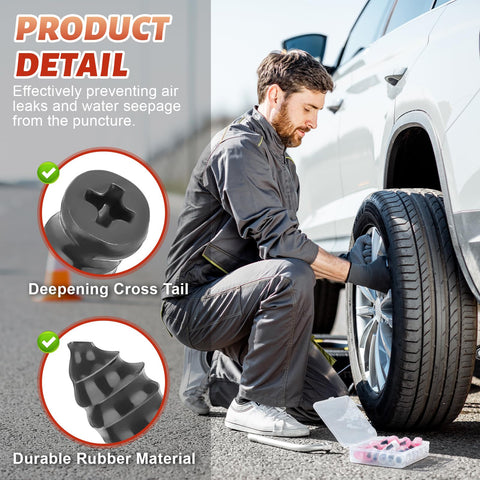 Mechanic using 60 Piece Tire Repair Kit With Two Sizes Rubber Plugs And Vacuum Tire Plug Screws for Cars Motorcycles Trucks and Tractors