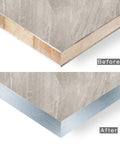 Before and after application of Brushed Aluminum Edge Banding One And A Half Inch Wide By Twenty Five Foot Long Flexible Non Glued PVC Veneer Trim