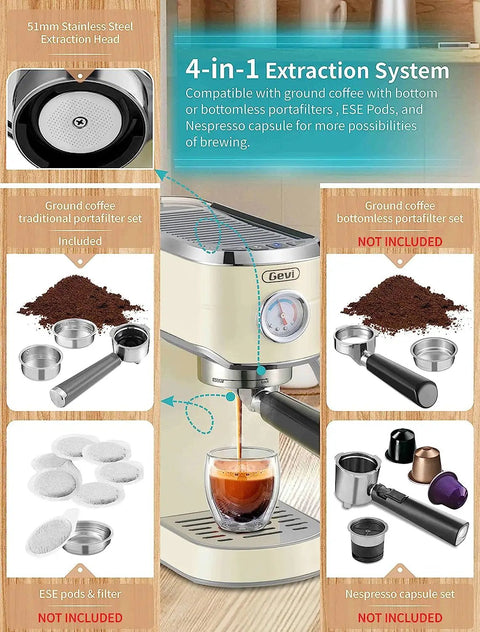 Top Tier 20 Bar Espresso Machine With Precision Burr Grinder And Full Steam Wand For Shop Style Lattes Cappuccinos And Perfect Daily Brews That Hit Different Every Time 4-in-1 extraction system with stainless steel parts